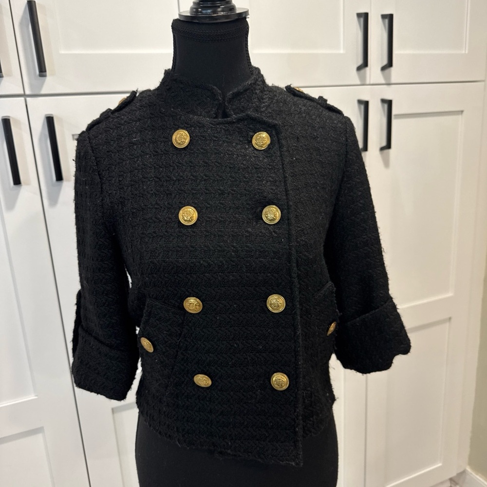Womens Gilbert Size S Linen Blend Black Knit Jacket Gold Buttons 3/4 Sleeve